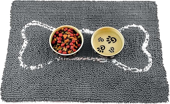 Soggy Doggy Slopmat Dog Food Mat – Absorbent Microfiber Chenille Pet Feeding Mat for Food & Water Bowls, Muddy Paws Small Doormat, Non-Slip, Machine Washable Rug – Gray/Light Gray Bone, 18” x 24”