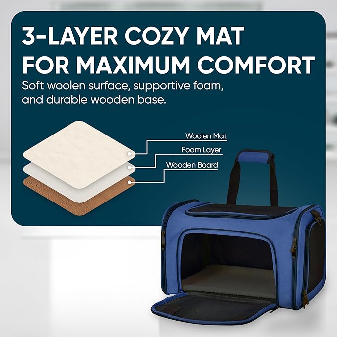 Pet Travel Carrier Bag – Airline Approved Soft-Sided Dog & Cat Carrier, Foldable, Breathable Mesh, Washable Pad – Fits Pets up to 15 lbs – The Pup Quartet (Blue)