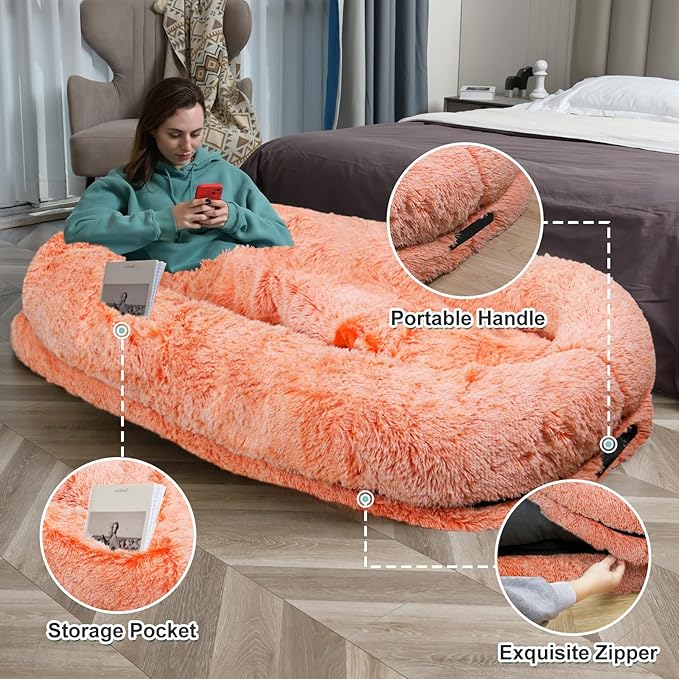 YAEM Human Dog Bed for Adult and Pets - 71"x45"x12" Dogs Beds for Humans with Washable Faux Fur Cover, Plump Pillow, Blanket, Orthopedic Design, Strap-OrangeWhite