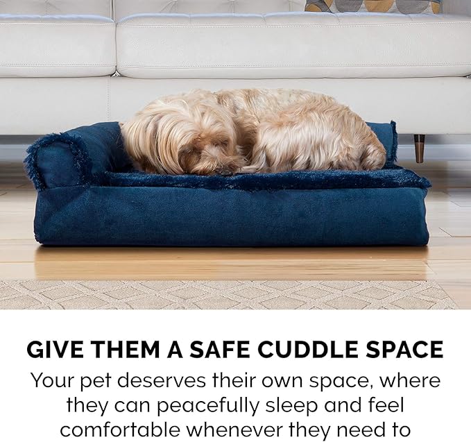 Furhaven Orthopedic Dog Bed for Large Dogs w/ Removable Bolsters & Washable Cover, For Dogs Up to 95 lbs - Plush & Velvet L Shaped Chaise - Deep Sapphire, Jumbo/XL