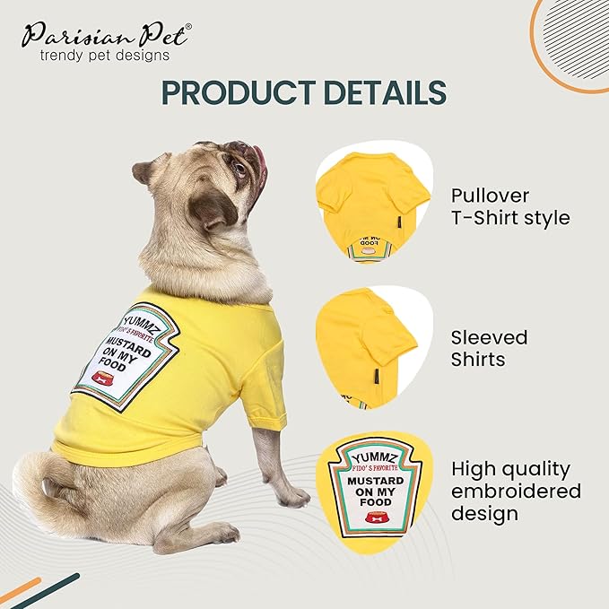 Parisian Pet Dog Shirt - Embroidered “Mustard on My Food“ - 100% Cotton and Polyester Dog Clothes - Sleeved, Lightweight Costume for Dogs - Yellow Dog Shirts for Small Dogs - Pet Costumes - S