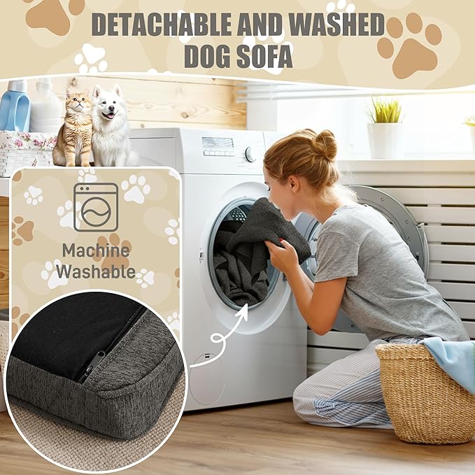Dog Sofa Couch for Medium to Large Dogs, Memory Foam Dog Sofa Couch with Washable Fabric, Durable Elevated Pet Bed with Legs, Removable Cushion for Medium and Large Dogs, Dark Grey