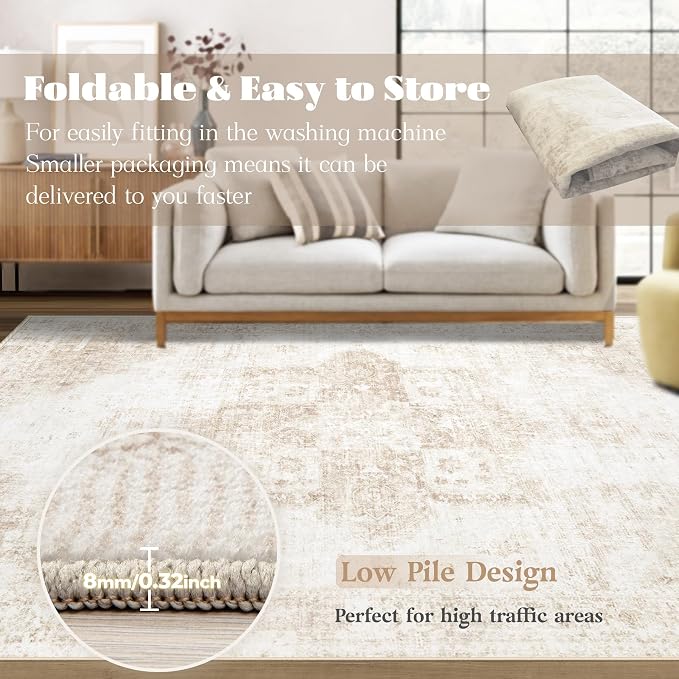 Area Rug 8x10 Washable Rug, Vintage Boho Medallion Rugs Non-Slip Soft Low Pile