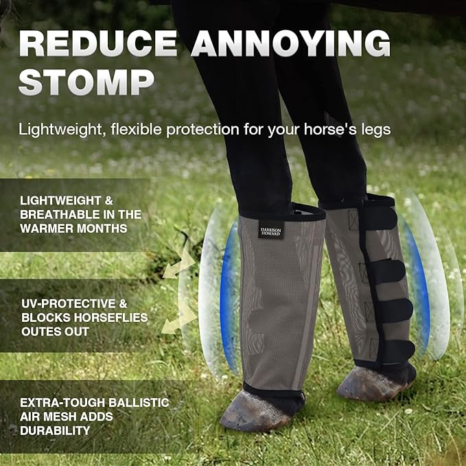 Harrison Howard Loose Fitting Fly Boots UV-Protective Extra Tough Mesh Ventilated Four Fasteners Stay-on Design Protect Horse Legs & Stomp-Reducing Set of 4 Dark Grey Large