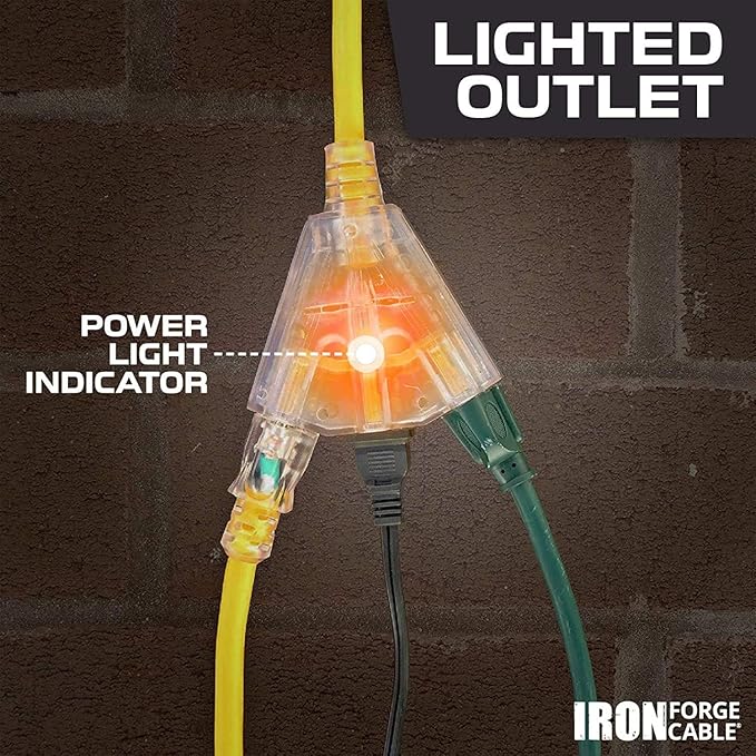 Iron Forge Cable 10 Gauge 3ft Lighted Outdoor Heavy Duty Extension Cord with 3 Outlets - 15 Amp 10/3 SJTW Yellow Extension Cord with Multiple Outlets