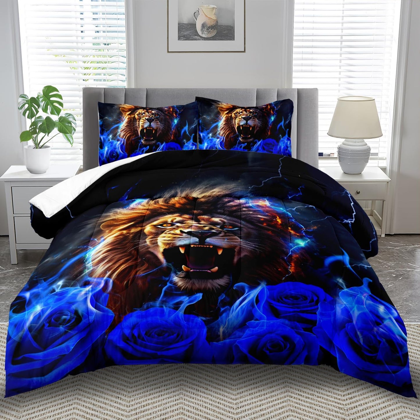Lion Blue Comforter Set Twin,Lion Bedding Set Boys,Animal Print Comforter Bedroom Decor for Home,Vintage Floral Quilt,Blue Flower Bedding Adult,Tiger Quilt Bed Decor Teen