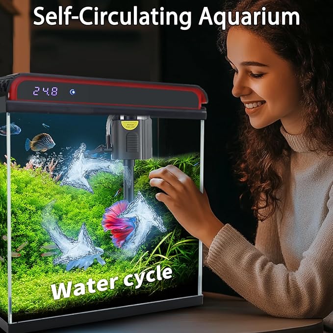 5 Gallon Fish Tank, Glass Aquarium Starter Kits, Self-Cleaning Water Pump & 3-Color Light with Water Temperature Detection for Betta Shrimp Guppy Jellyfish Goldfish Beta, Gift for Room Decor Kid