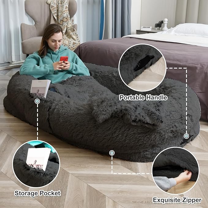 YAEM Human Dog Bed, 71"x45"x12" Calming Giant Human Size Dog Bed for Adults, Washable Faux Fur Orthopedic Napping Pet Beds with Non-Slip Bottom, Dark Grey