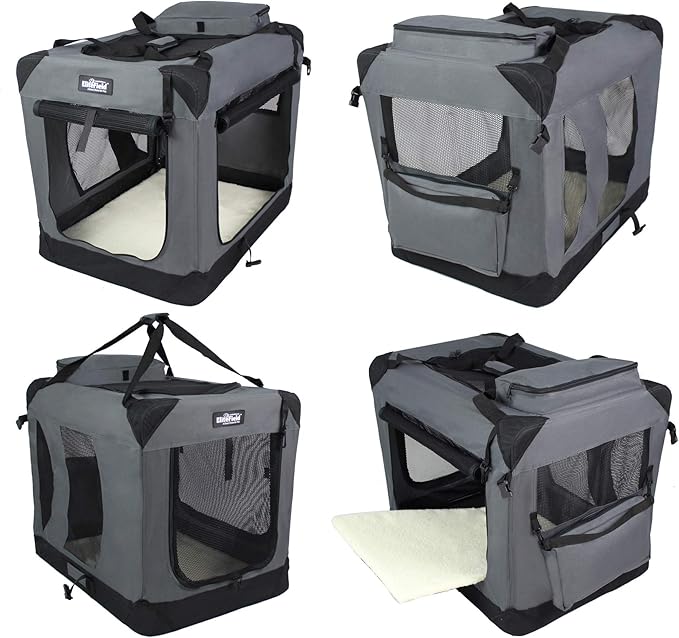 EliteField 3-Door Folding Soft Dog Crate with Carrying Bag and Fleece Bed (2 Year Warranty), Indoor & Outdoor Pet Home (20" L x 14" W x 14" H, Gray)