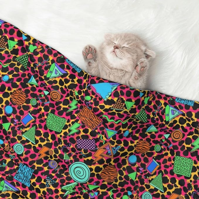 Dog Cat Blanket Double Sided, Geometric Checkered Zebra Tiger Leopard Print Hot Pink Vintage Retro 80S 90S, Plush with Raised Dot Pattern and Smooth Reverse for Cuddling