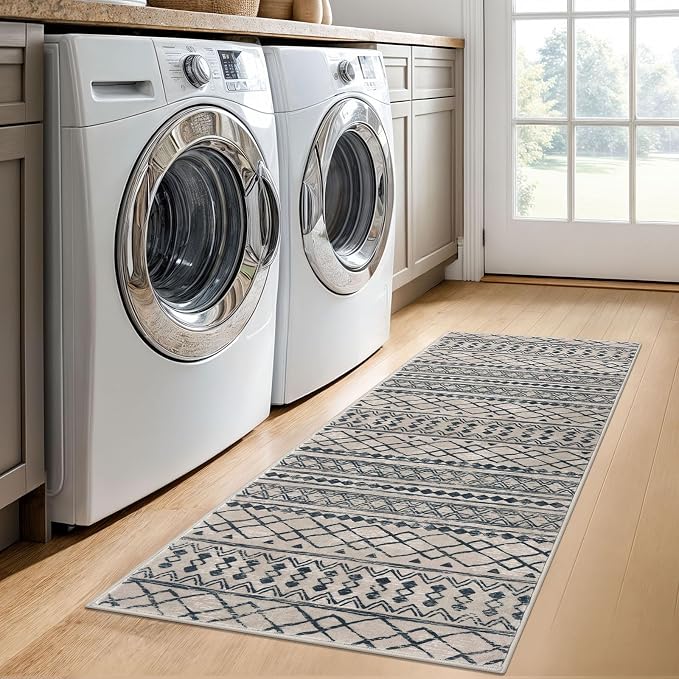 KUTA Boho Kitchen Rug 2x5 Light Brown Black Moroccan Washable Runner Rug