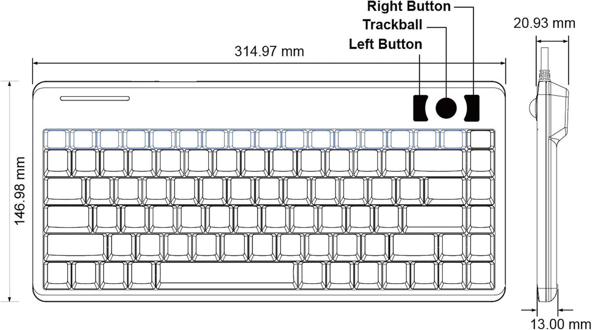 Perixx PERIBOARD-505H Wired Mini Keyboard with Built-in Trackball, 0.55 Inch Trackball and 2 USB Hubs, Black, US English Layout