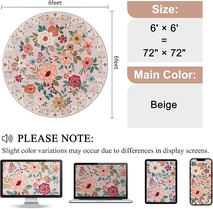 DUKINO Floral Round Rug, 6ft Washable Circle Rug, Non Slip Indoor Low Pile