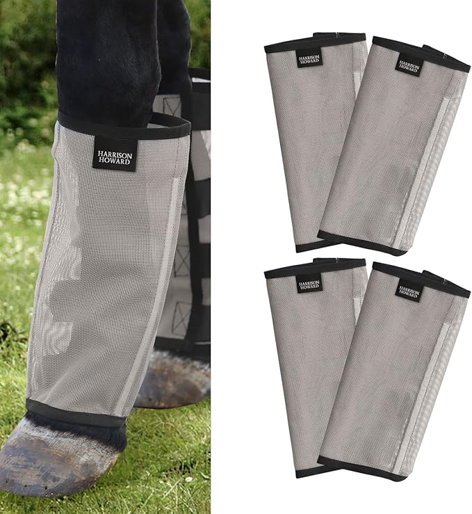 Harrison Howard Loose Fitting Fly Boots UV-Protective Extra Tough Mesh Ventilated Four Fasteners Stay-on Design Protect Horse Legs & Stomp-Reducing Set of 4 Original Grey Small