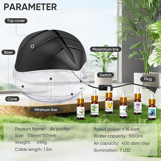 Water Based Air Purifier for Home with Essential Oil Diffuser and Humidifier Function, Rainbow Air Washer with LED Night Light, Freshener for Smoke and Pet Odors, Includes 6x10ml Essential Oils