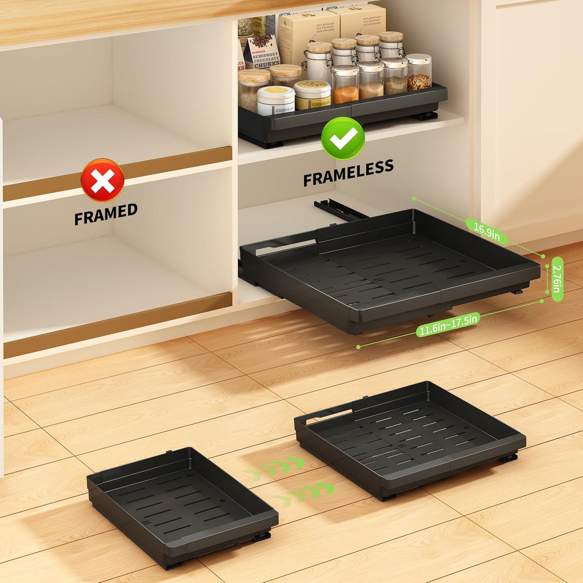 DOMNIU Pull Out Cabinet Organizers Expandable,Black,16.9"Depth,2 Pack