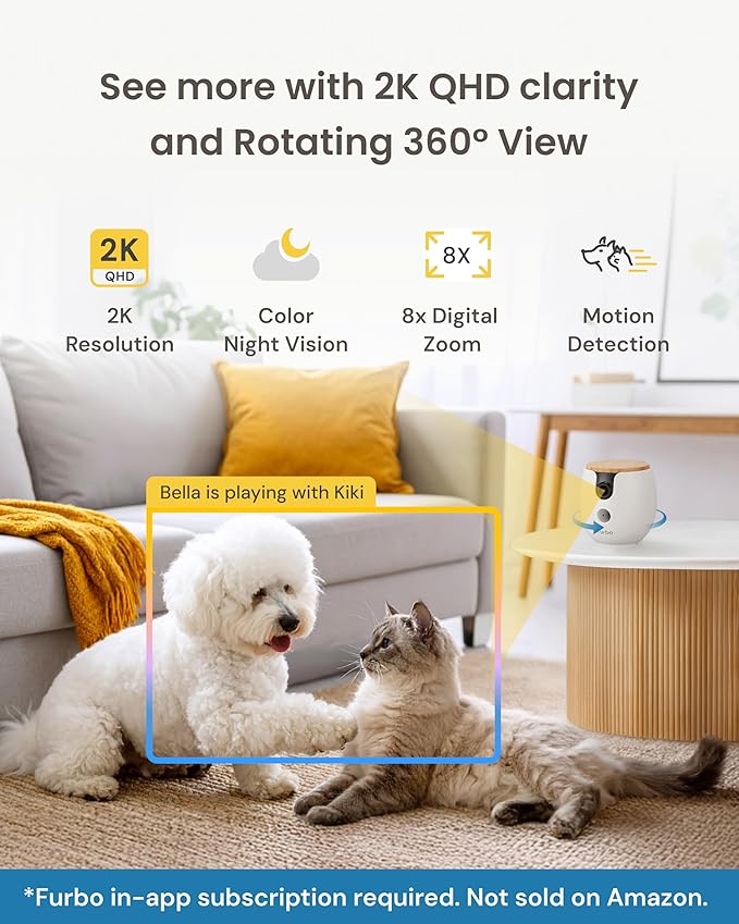 Furbo Mini 360° 2K QHD Pet Camera + Power Adapter - Unlock w/Paid Plan: Dog & Cat Safety Alerts, Smart Cam Rotating Treat Toss w/2-Way Speaker (Low Risk Subscription Required, 3mo Min. Cancel Anytime)