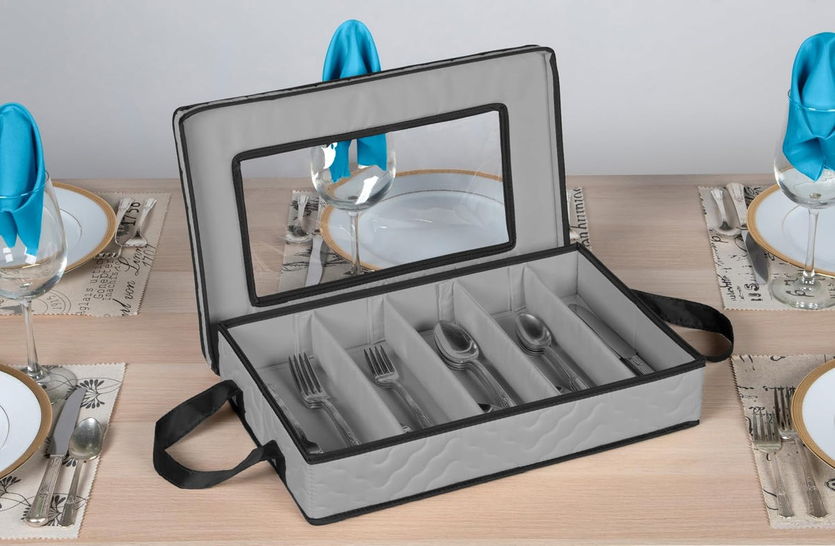 Flatware Storage Case 5 Compartments Silverware Container Box, Gray