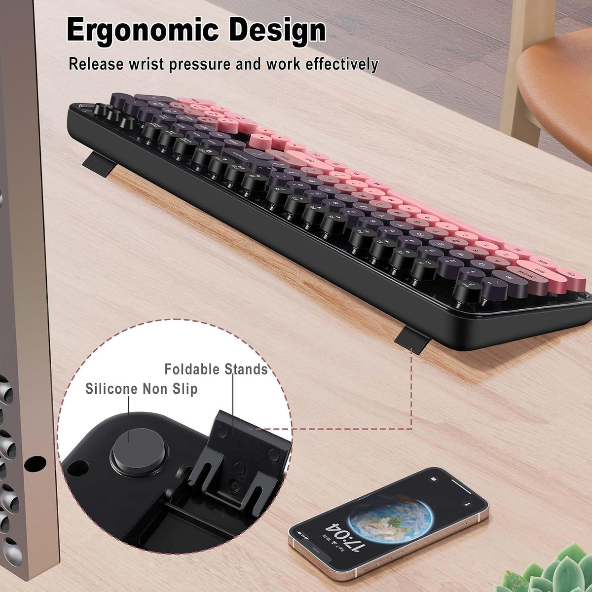Kootop Cute Typewriter Wireless Keyboard and Mouse Combo Black and Pink