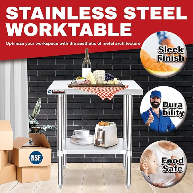 DuraSteel 30x36 Stainless Steel Work Table - NSF Commercial Prep Metal Table - Outdoor Pizza Oven Stand w/Under Shelf - Kitchen Island Laundry Utility Garage Microwave Stand Large Rolling Storage Cart