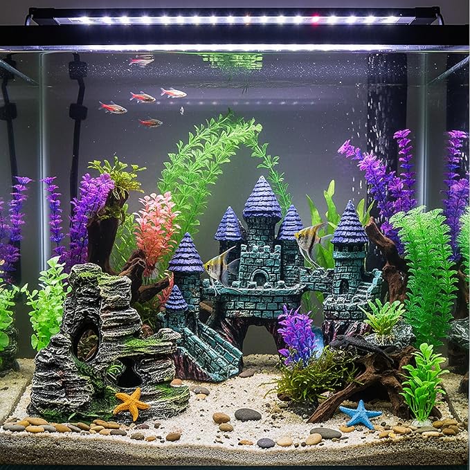 13 Pieces Aquarium Decorations Kit, Fish Tank Decorations Set Small Resin Castle and Rockery Betta Fish Cave Hideout Coral Artificial Plastic Plants Ornament Accessories