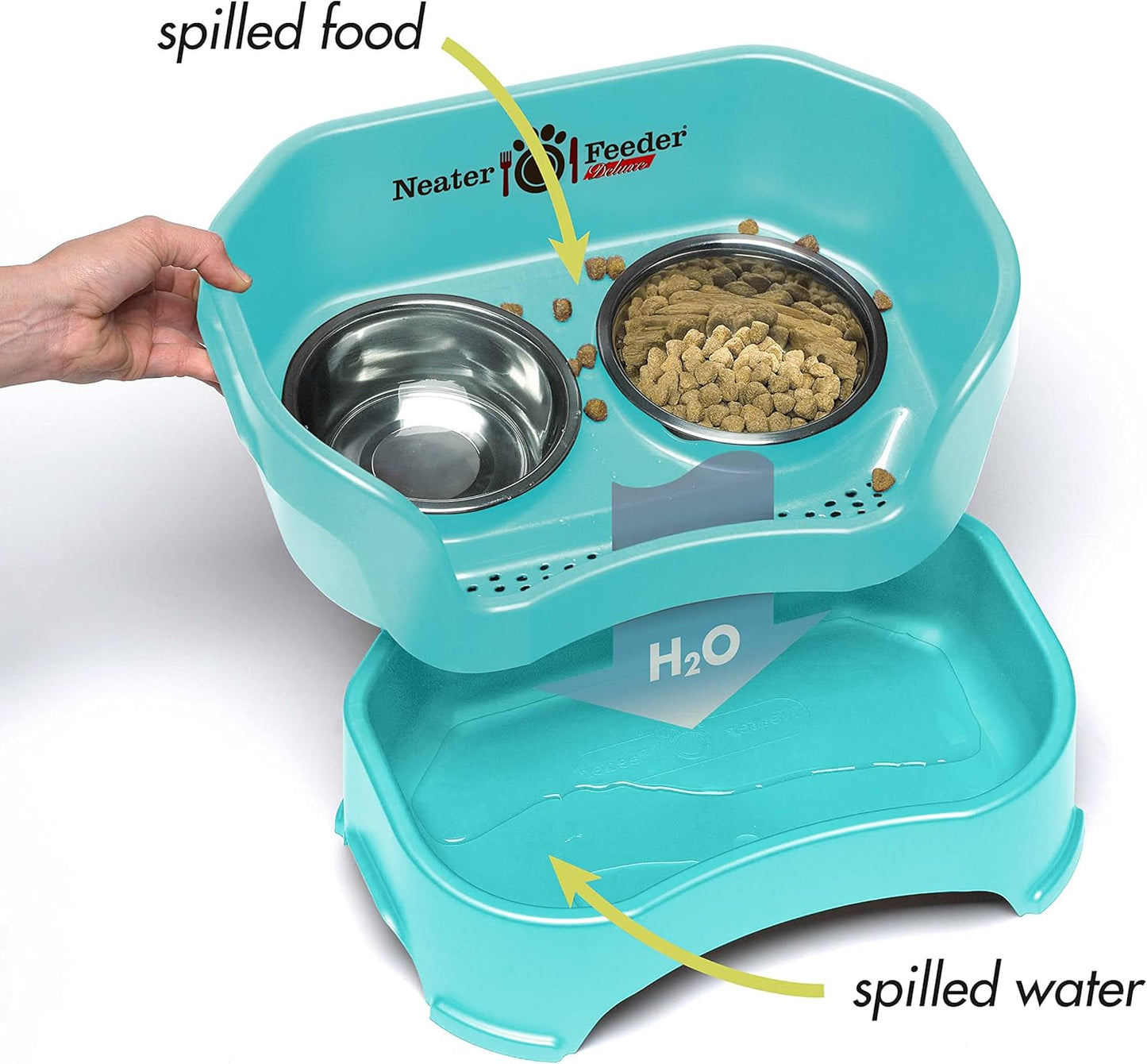 Neater Feeder Deluxe Mess Proof Cat Bowls Elevated for All Breeds – Made in USA – No Spill Raised Cat Bowls for Indoor Cats w/Leg Extensions – Stainless Steel Cat Food and Water Bowl Set - Teal