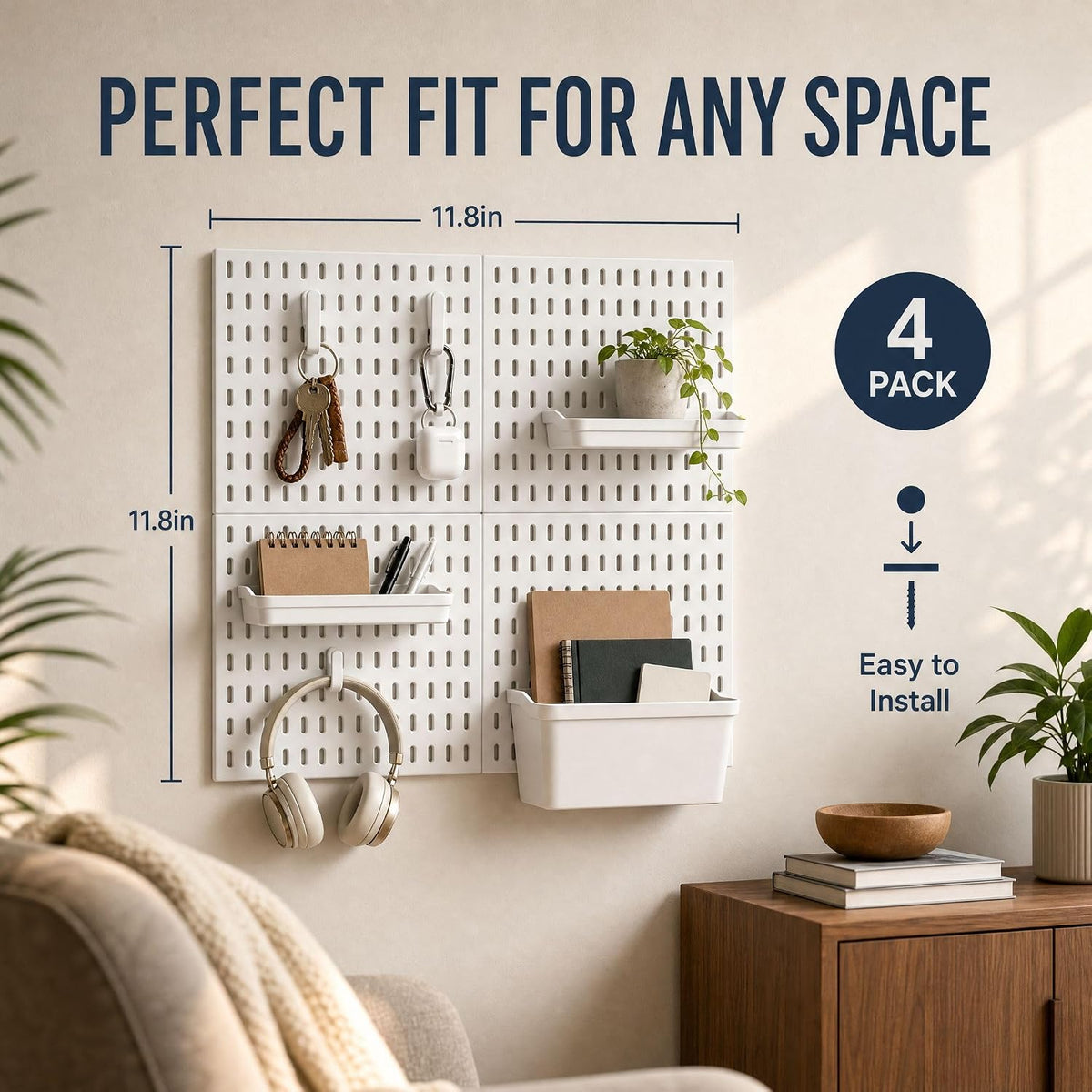 AKTOP Plastic Peg Board Wall Organizer 4-Pack, 12"x12" Pegboard Kit, White
