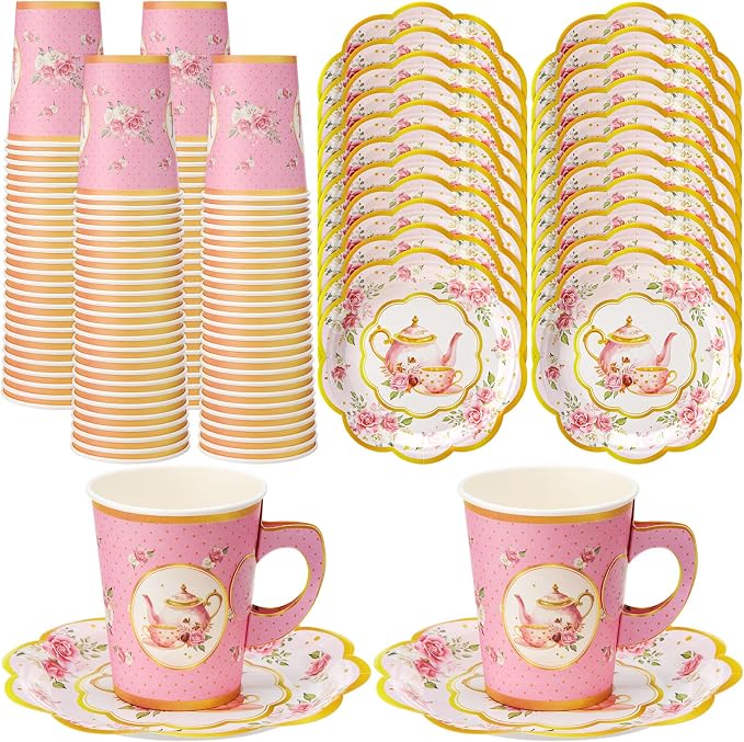 Tioncy 100 Pcs Tea Party Decorations Include 50 Pieces 9 oz Paper Tea Cups