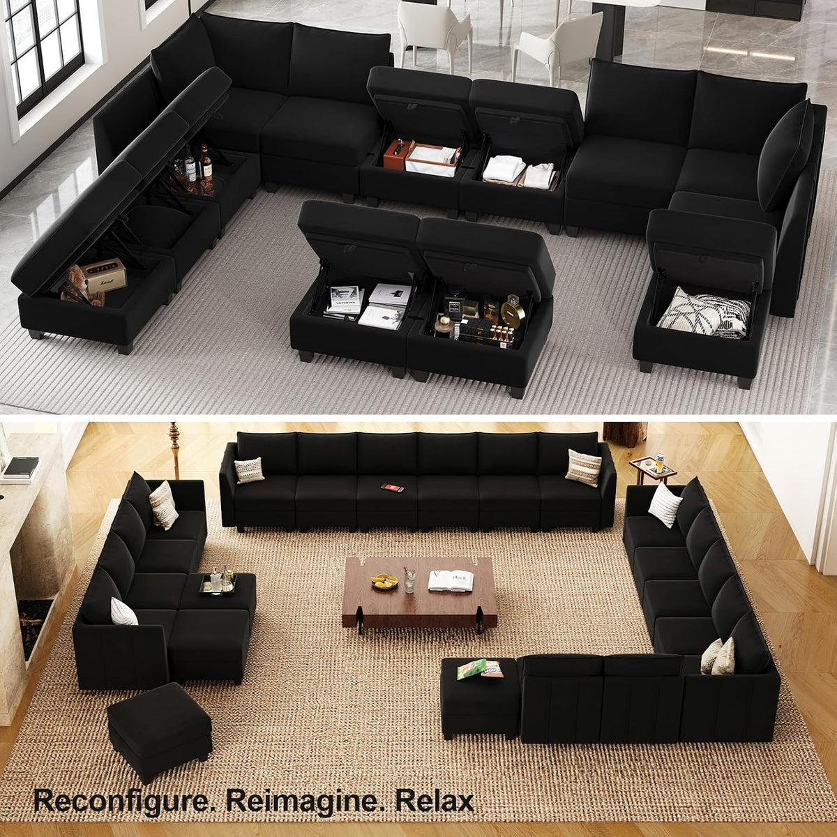 Belffin Modular Sofa Storage Ottoman Module for Velvet Piping Modular Sectoinal Couch, Square Ottoman Footrest, Black