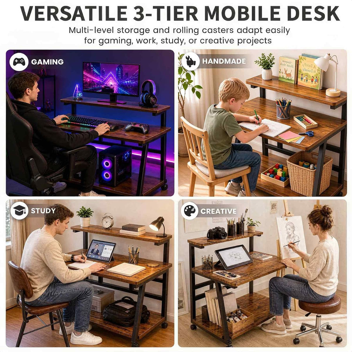Rolling Computer Desk, 31.5 Inch Small Desks For Small Space, Portable Small Computer Desk with Monitor Stand & 3-Tier Storage, Portable Desk on Wheels for Writing, Home Office, Small Desk for Bedroom