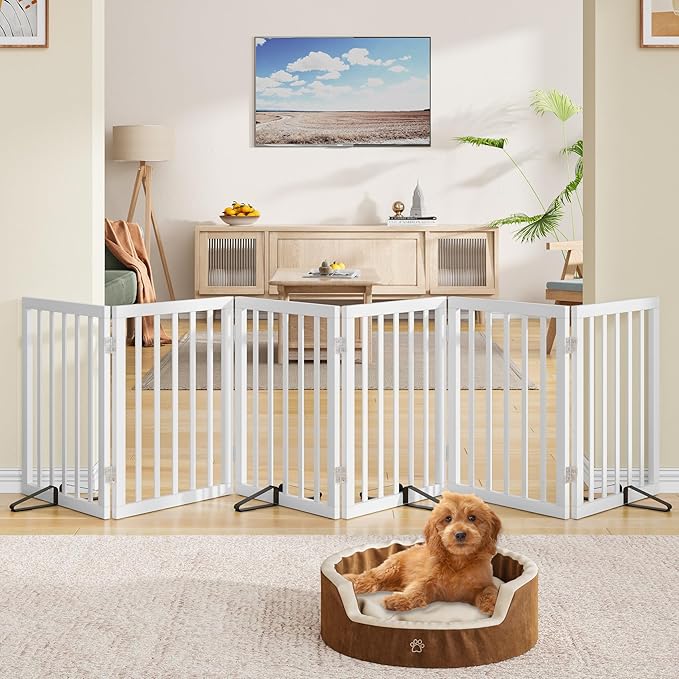 Wooden Dog Gate Freestanding Foldable 6 Panel Pet Gates Extra Wide Dog Gates for Indoor Doorways Stairs 24in Height Support Feet Included