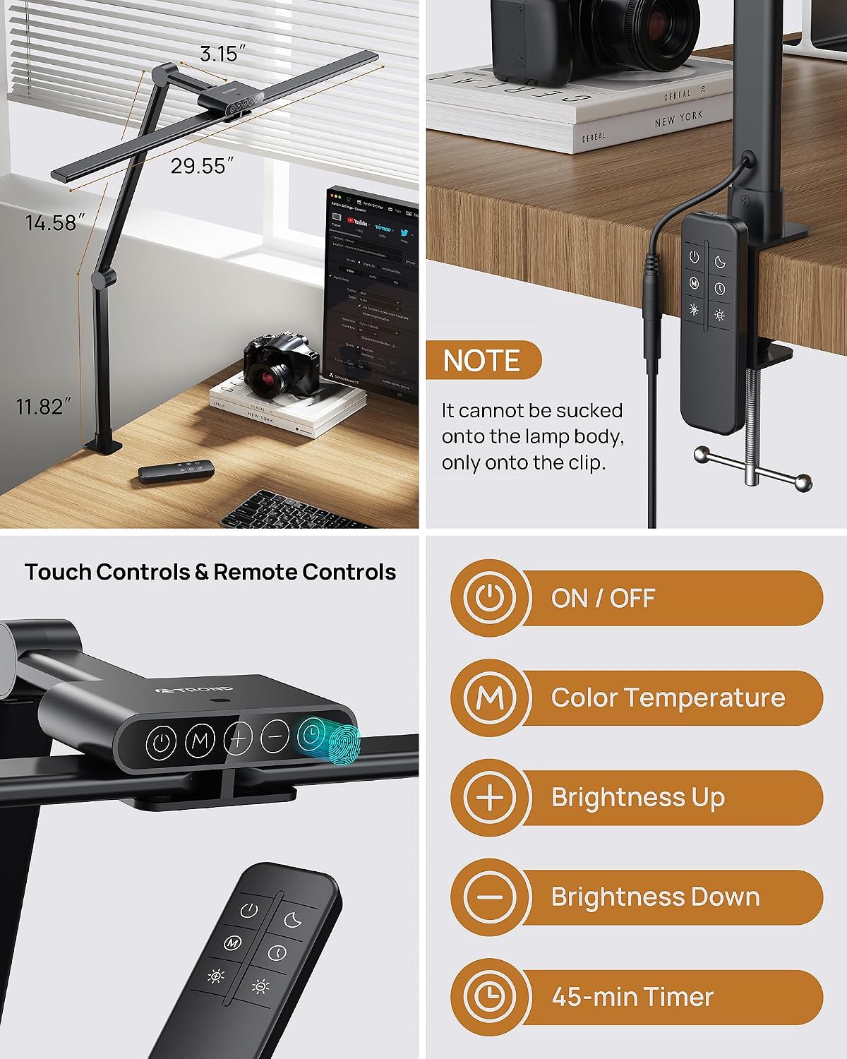 TROND LED Desk Lamp with Clamp, 29.55'' Tall Desk Light with Remote, Black