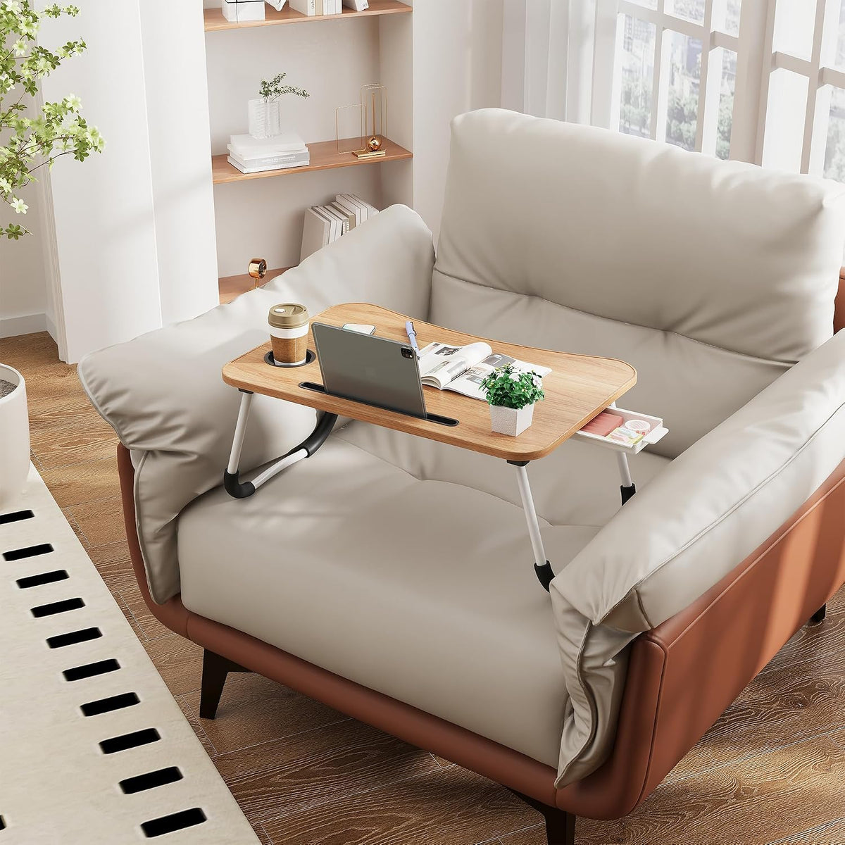 Lap Desk Bed Trays for Eating and Laptops Breakfast in Bed Tray for Sofa/Couch/Study/Reading/Writing with Cup Holder/Drawer On Low Sitting Floor Large Portable Foldable (Walnut Beige)