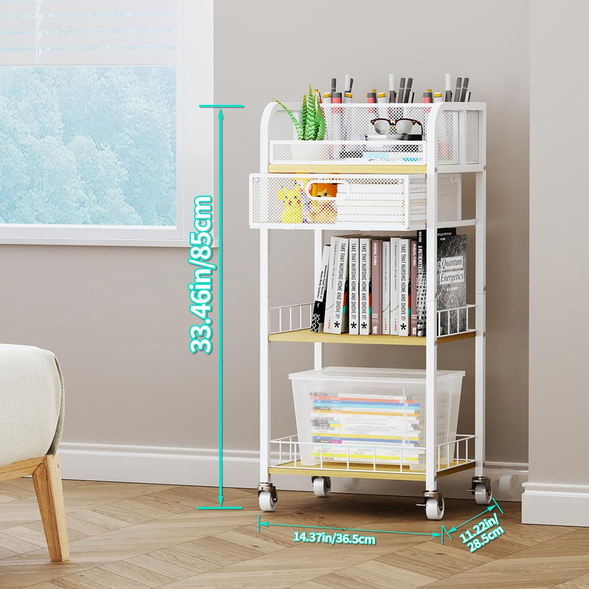 HapiRm Makeup Organizer Storage Cart - Floor Skincare Make Up Organizers with 4 Drawers, Rolling Makeup Cart Vanity Organizer Cosmetics Display Cases Holder for Skin Care Nail Polish Pure White