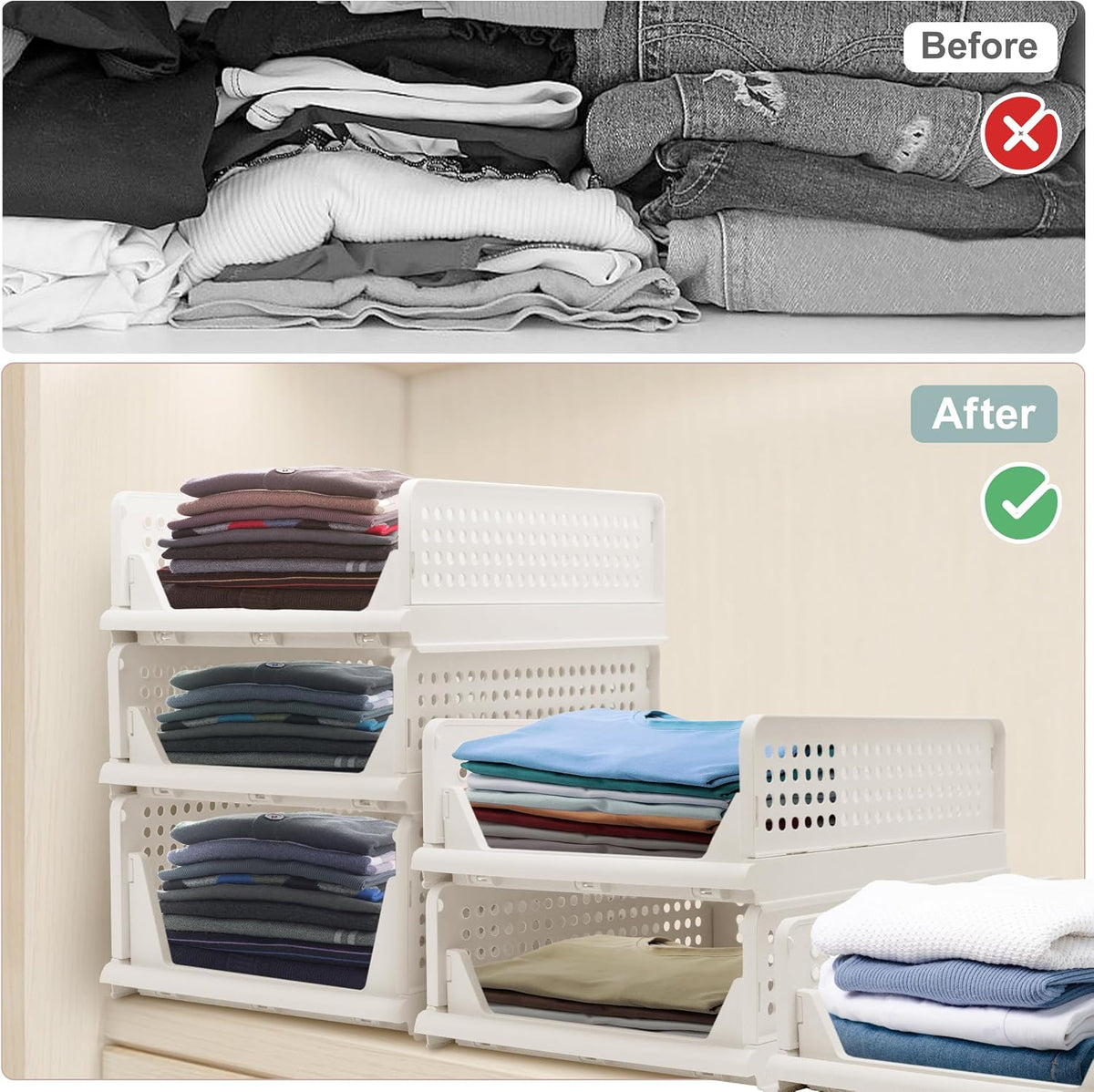 Goderewild Stackable Foldable Storage Baskets, Folding Storage Bins, Closet Organizers and Plastic Drawer Shelf Storage Container for Wardrobe, Cupboard, Kitchen, Bathroom, Office (White, 4S)