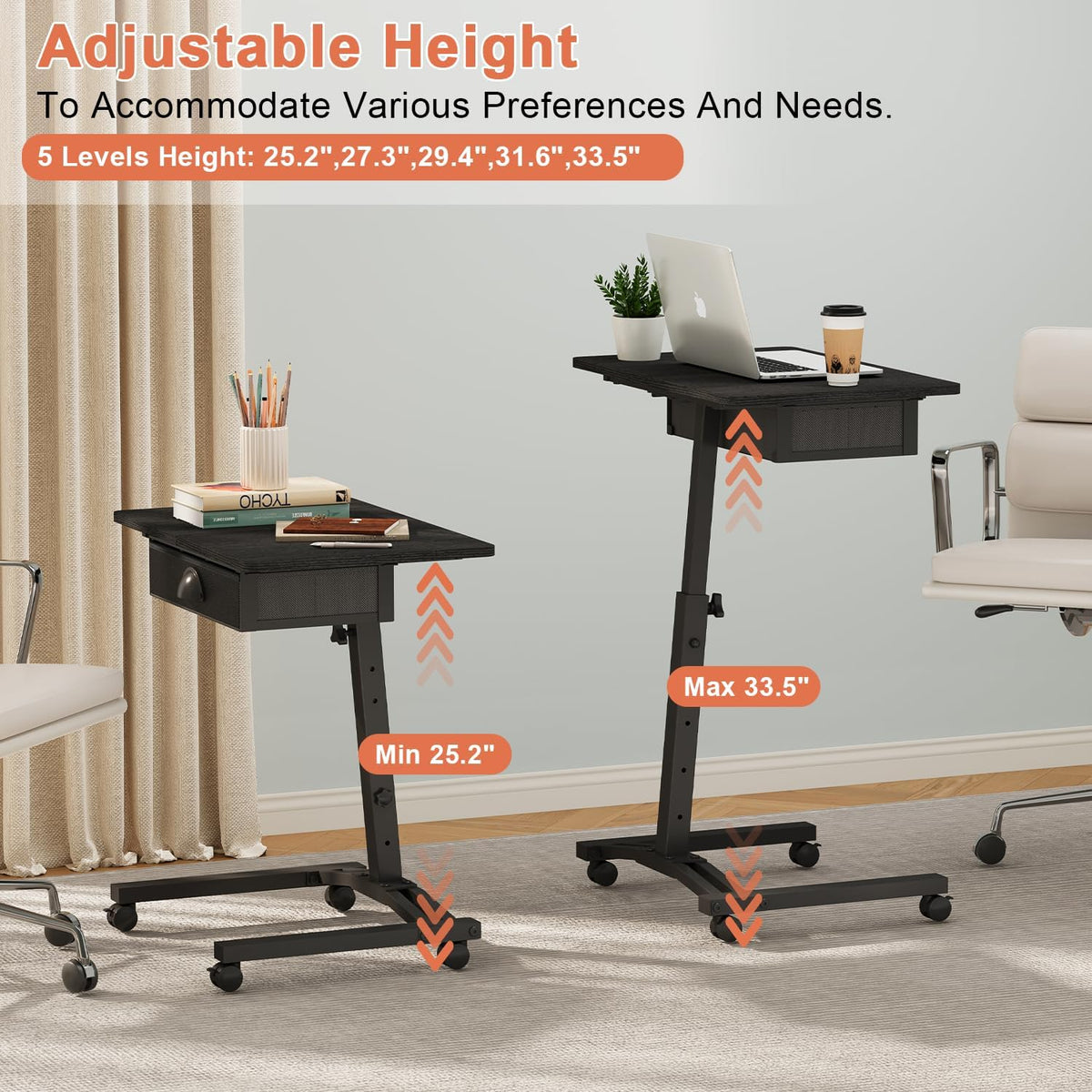 Rolling Adjustable Height Computer Desk With Drawers, Small Mobile Laptop Desk Cart On Wheels For Small Spaces Home Office, Portable Sitting Laptop Table For Bed Couch Load Up To 60LBS, Sturdy, Black