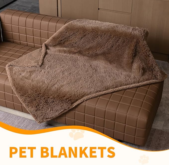 Brown Long Faux Fur Pet Throw Blankets Waterproof Dogs Calming Blanket Cat Puppy Couch Cover Love Bed Covers Washable (Brown,S)
