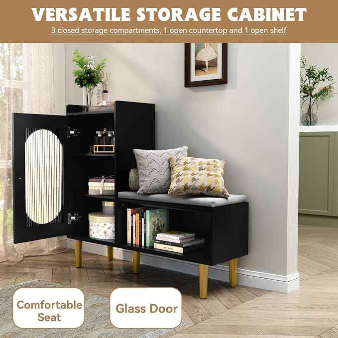 HLR Storage Bench with Glass Door&Shelf, Modern Entryway Shoe Cabinet Bench
