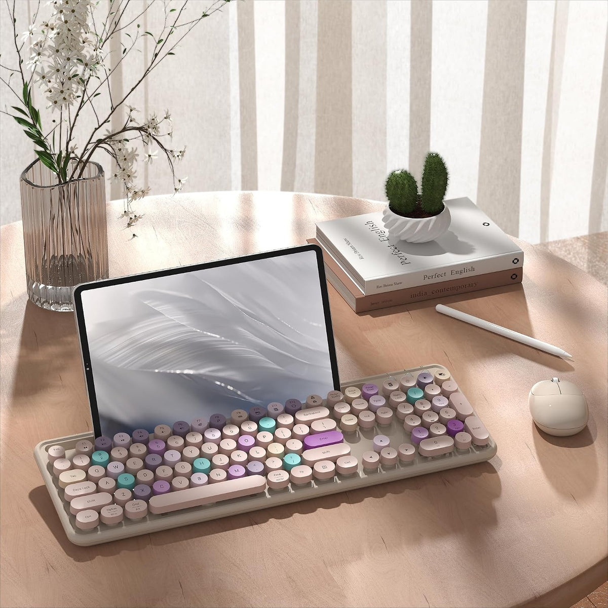 Wireless Keyboard and Mouse Combo with Phone Holder (Khaki)