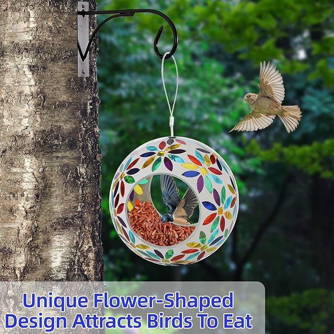 VOREEN Mosaic Glass Bird Feeder – 6" Handcrafted Hanging Fly-Through Feeder for Outdoor Garden Décor, Wild Bird Seed Feeder with Multicolor Flower Design – Gift for Mom Wife Friend Nature Lovers