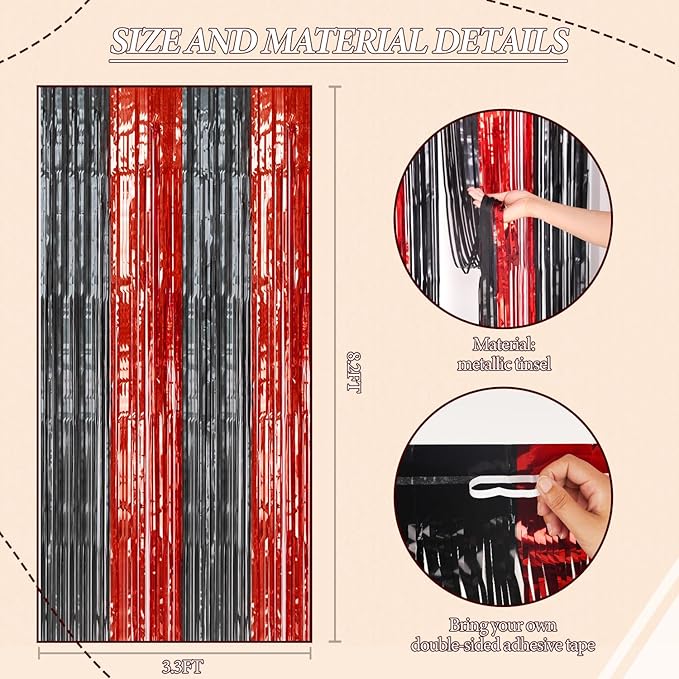 3 Pack Foil Fringe Backdrop - Red&Black Shiny Tinsel Curtains for Party Decoration/Photo Booth Props - 3.3x8.2 FT Metallic Foil Backdrop for Birthday, Wedding, Graduation, Christmas.