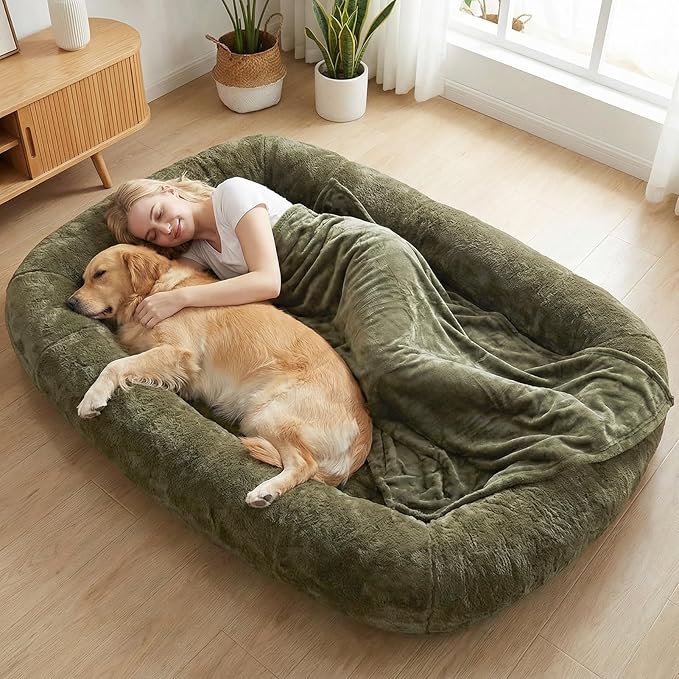 Human Dog Bed, 71 x 47 x 12 in Washable Extra Large Dog Bed for People, Giant DogBed with Storage Pockets, Green