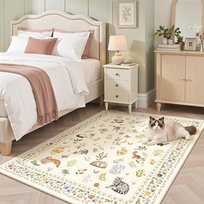 Soalmost Cat 4x6 Area Rugs, Machine Washable Animal Floral Accent Rug Non-Slip