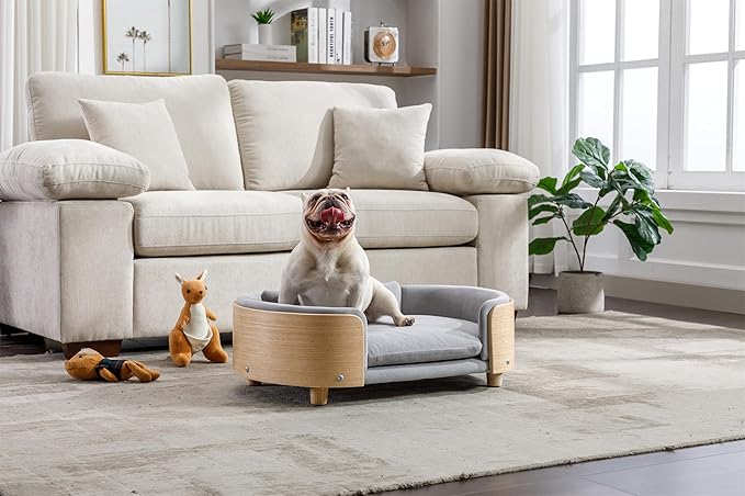 Dog Crate Furniture Elevated Dog Bed with Solid Wood Legs and Bent Wood Back, Mid Size Pet Sofa Kennel Indoor Cage House for Medium Dogs,LIGHTGREY