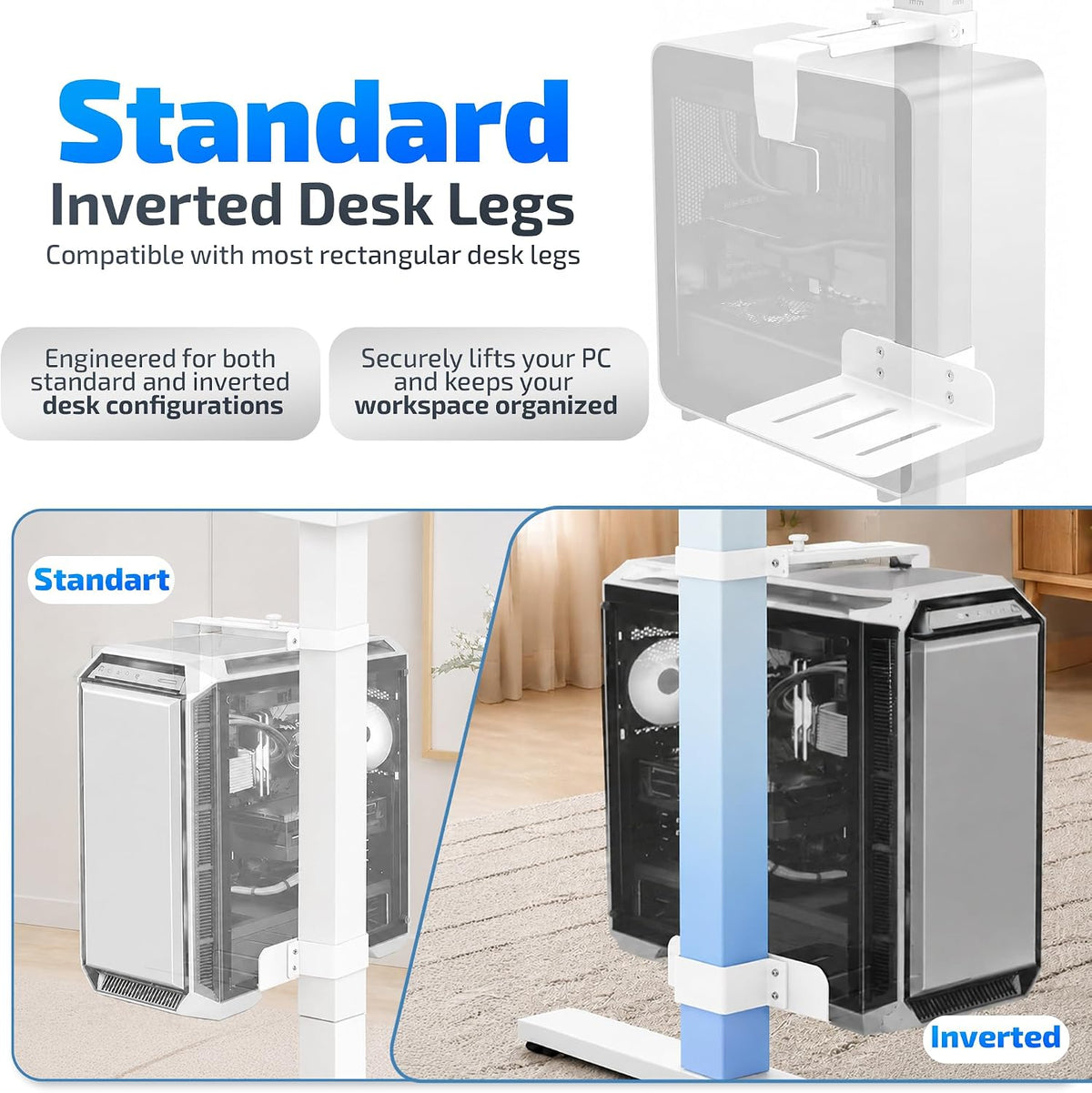 Adjustable No Drill Under Desk PC Mount, 50lb Capacity