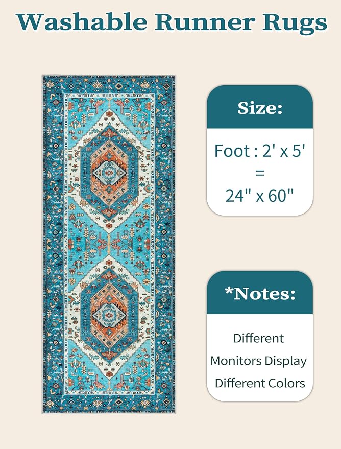 SERISSA Boho Washable Runner Rug, 2x5 Rug Runner Non-Slip Vintage Blue Hallway