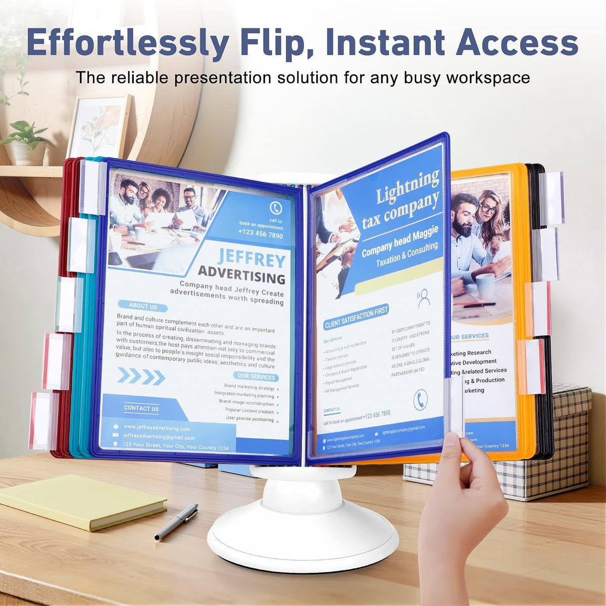 10-Pocket Desk Reference Organizer with 360° Swivel Base & 10 Double-Sided Panels Holds 20 Sheets A4/Letter Size Paper, Fast Flip & Find Desktop Reference System with Colored Index Tabs, White