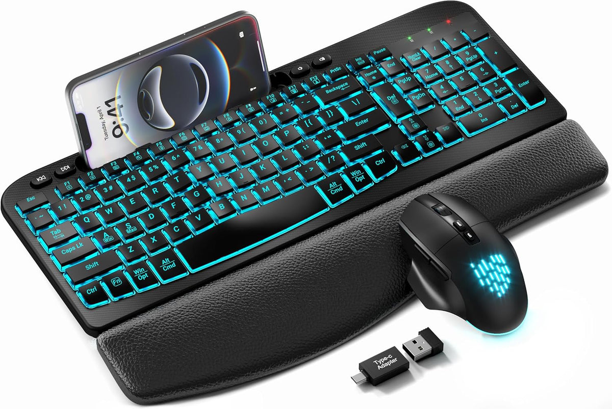 SABLUTE Wireless Keyboard and Mouse Combo, Ergonomic Wave with Wrist Rest