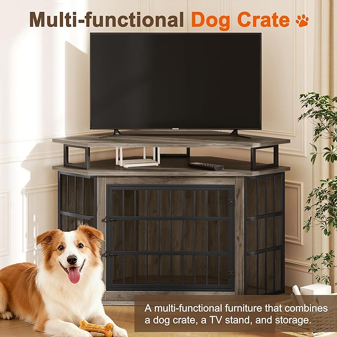 Corner Dog Crate Furniture with 2-Tier Shelves，51" Large Dog Kennel Indoor Wooden TV Stand, Modern Dog Cage Decorative Pet House
