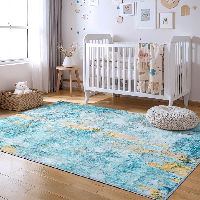 Ompaa Living Room Rug 5x7 Teal Blue Area Rug Machine Washable Boho Rug Non Slip